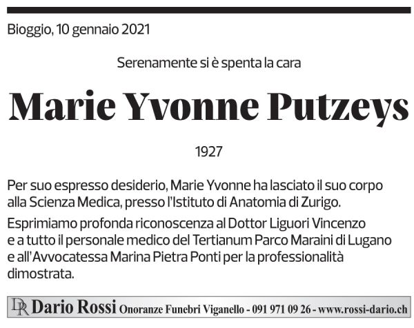 Annuncio funebre Marie Yvonne Putzeys