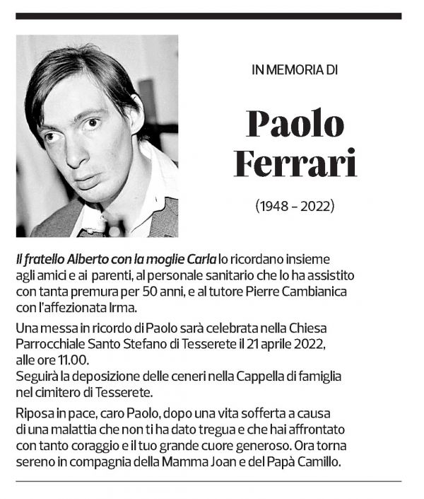 Annuncio funebre Paolo Ferrari