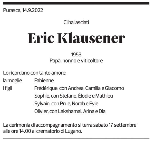 Annuncio funebre Eric Klausener