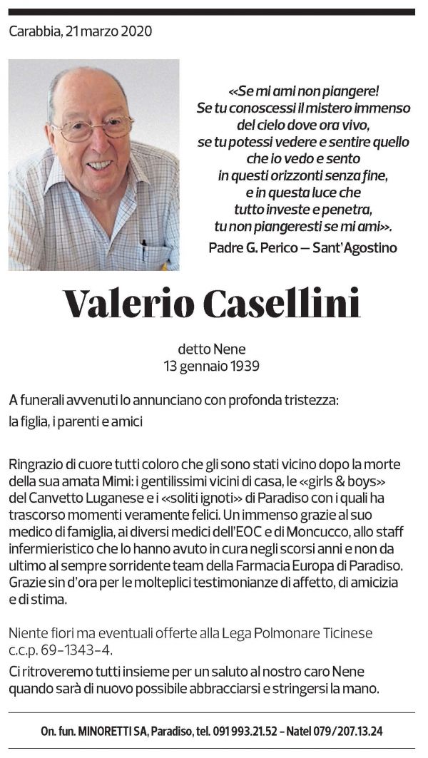 Annuncio funebre Valerio Casellini