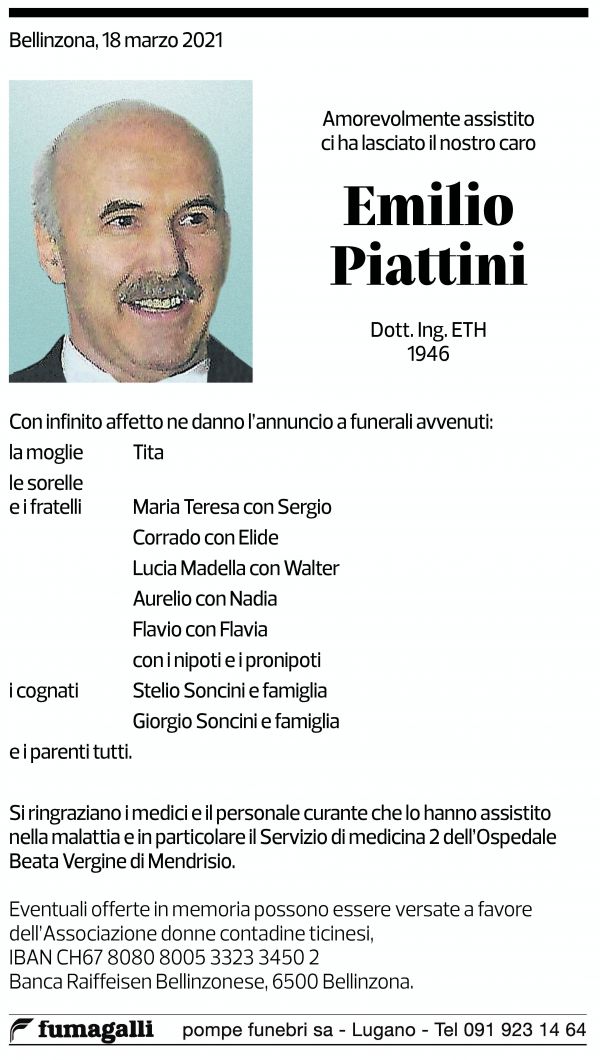 Annuncio funebre Emilio Piattini