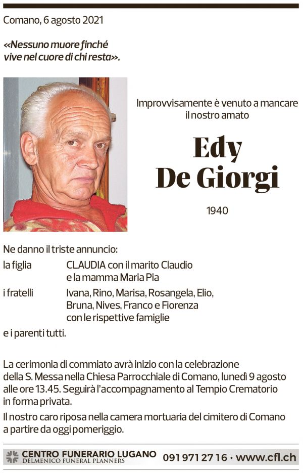 Annuncio funebre Edy De Giorgi