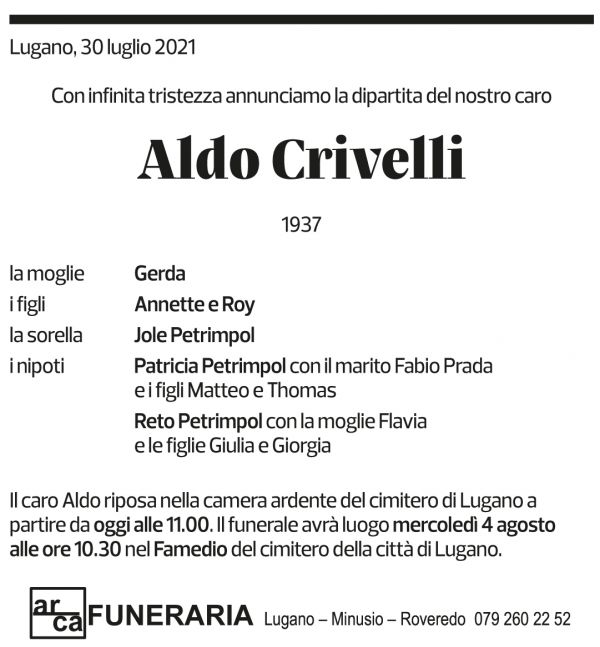 Annuncio funebre Aldo Crivelli