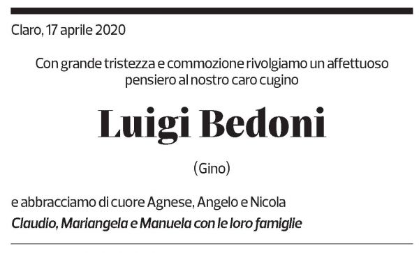 Annuncio funebre Luigi Bedoni