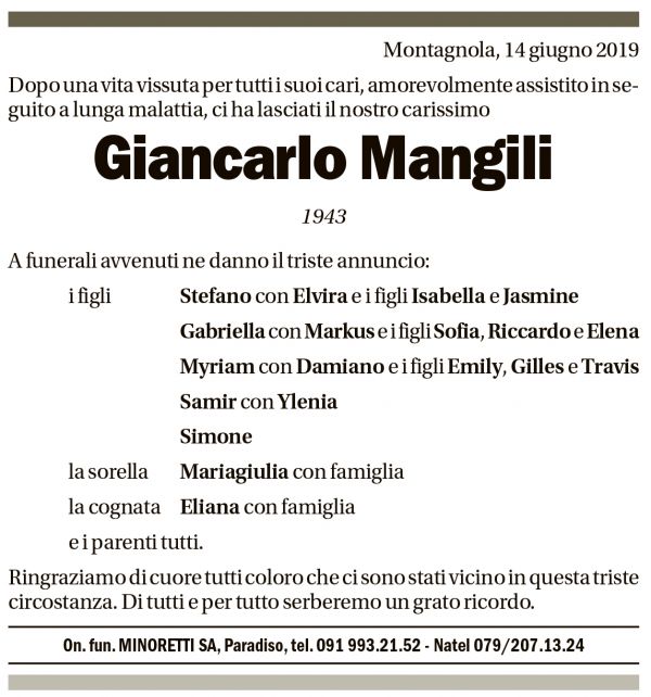 Annuncio funebre Giancarlo Mangili