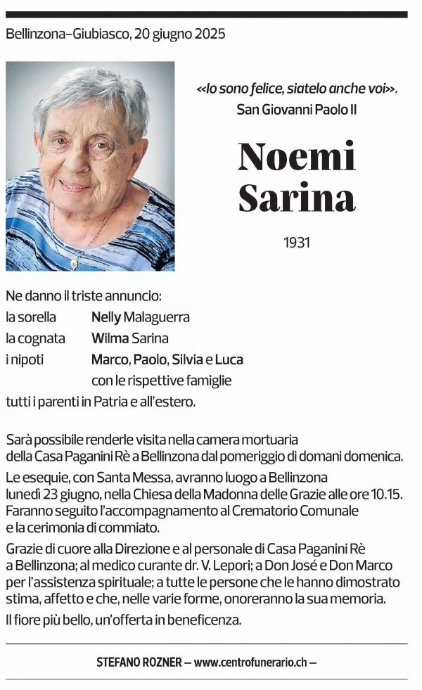 Annuncio funebre Noemi Sarina