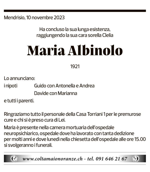 Annuncio funebre Maria Albinolo