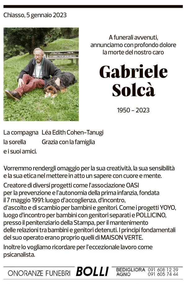 Annuncio funebre Gabriele Solcà