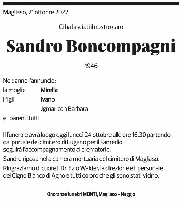 Annuncio funebre Sandro Boncompagni