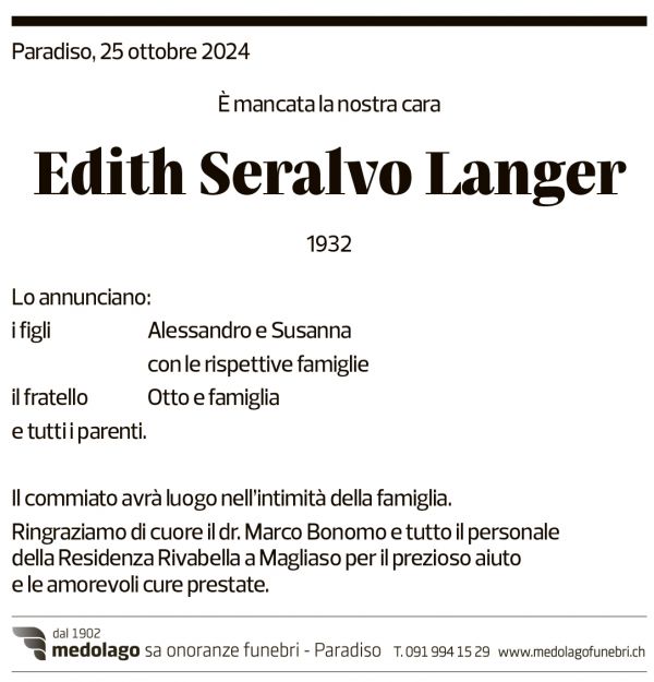 Annuncio funebre Edith Seralvo Langer