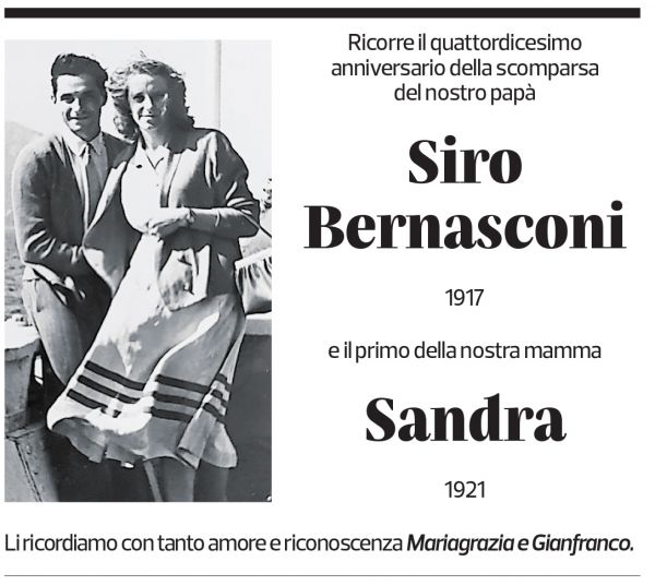 Annuncio funebre Siro Bernasconi Sandra Bernasconi