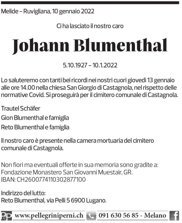 Annuncio funebre Johann Blumenthal