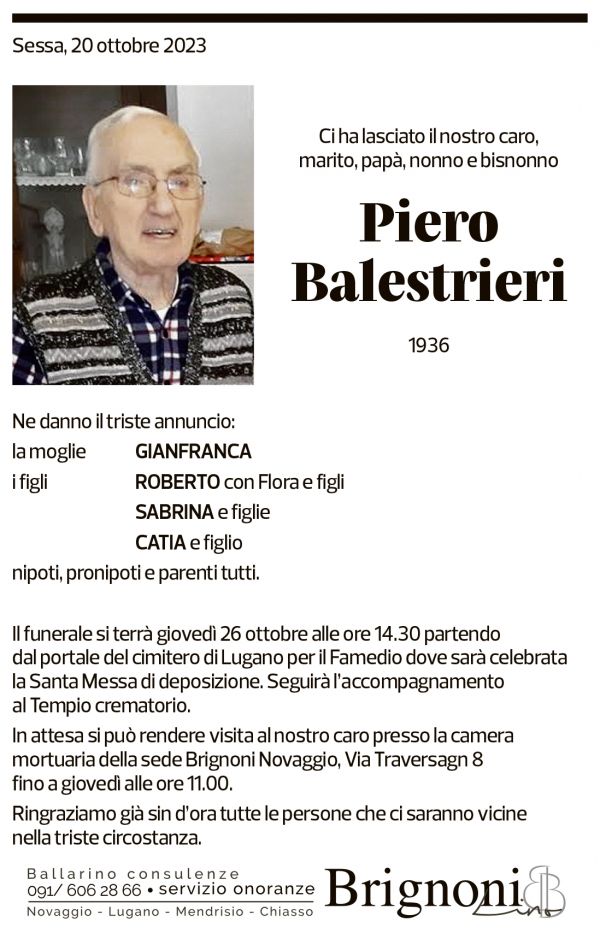 Annuncio funebre Piero Balestrieri