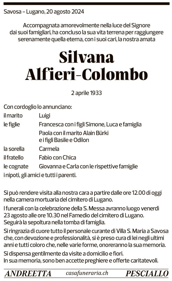 Annuncio funebre Silvana Alfieri-colombo