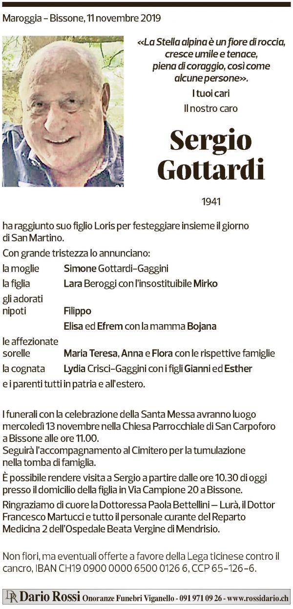 Annuncio funebre Sergio Gottardi