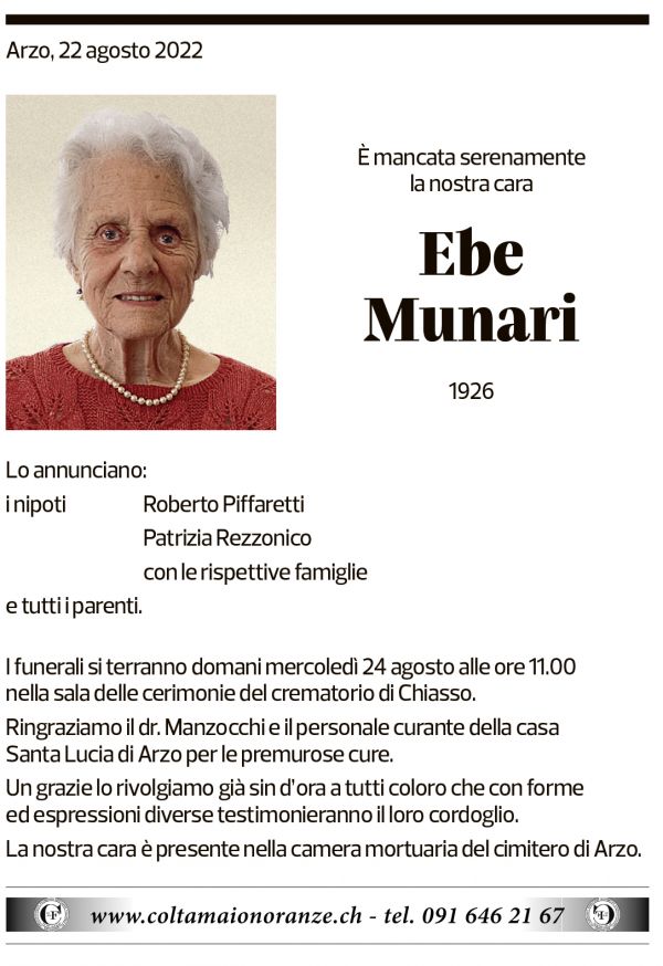 Annuncio funebre Ebe Munari