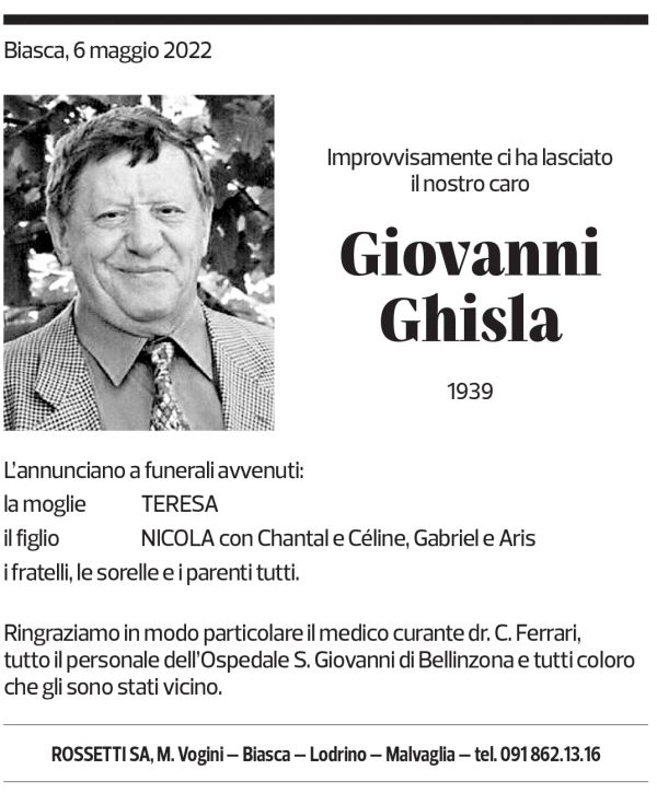 Annuncio funebre Giovanni Ghisla