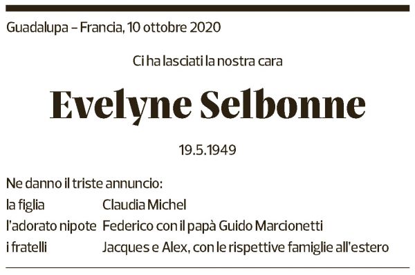 Annuncio funebre Evelyne Selbonne