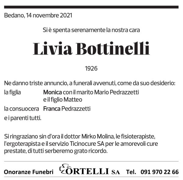 Annuncio funebre Livia Bottinelli