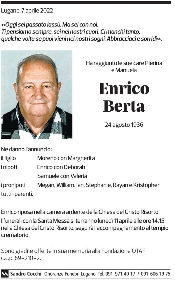 Annuncio funebre Enrico Berta