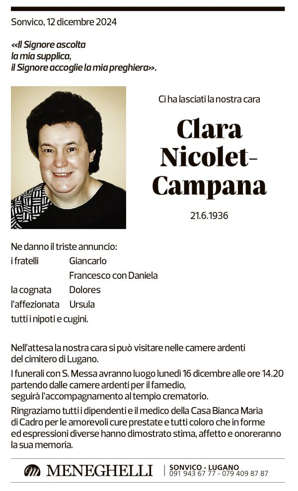 Annuncio funebre Clara Nicolet-campana