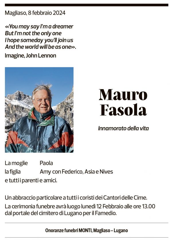 Annuncio funebre Mauro Fasola