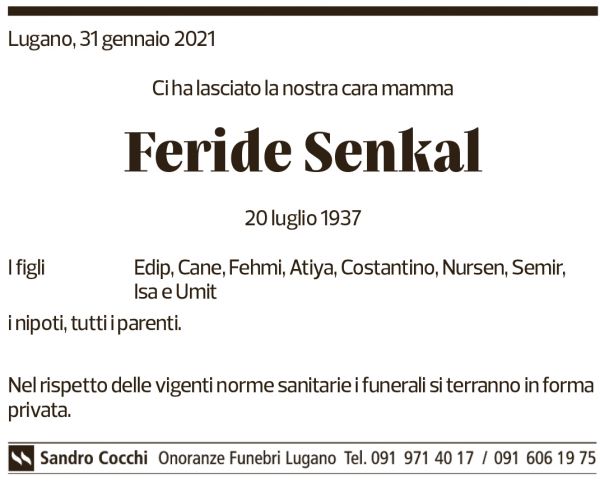 Annuncio funebre Feride Senkal