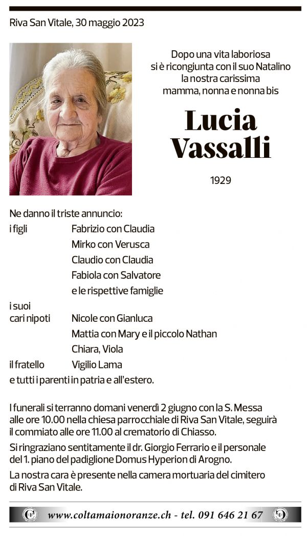 Annuncio funebre Lucia Vassalli