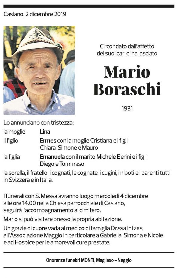 Annuncio funebre Mario Boraschi