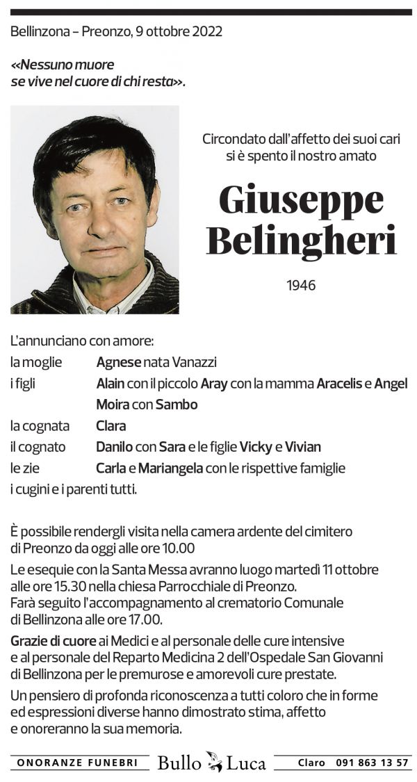 Annuncio funebre Giuseppe Belingheri