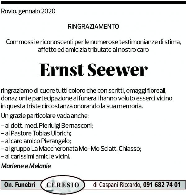 Annuncio funebre Ernst Seewer