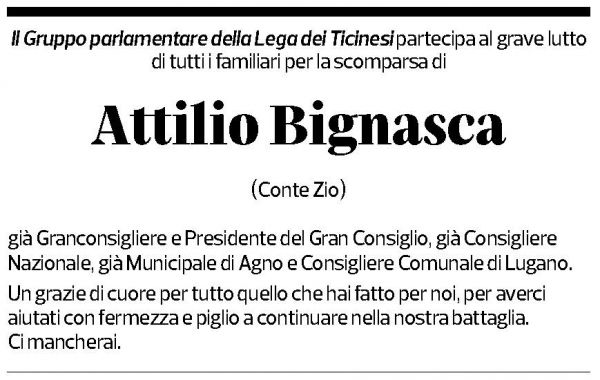 Annuncio funebre Attilio Bignasca