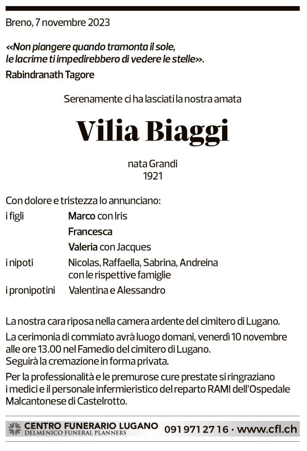 Annuncio funebre Vilia Biaggi