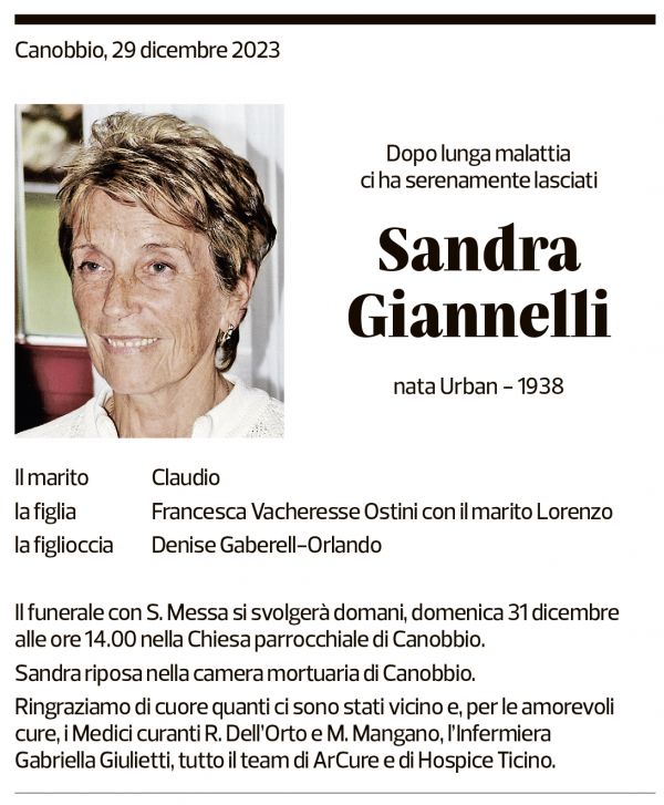 Annuncio funebre Sandra Giannelli