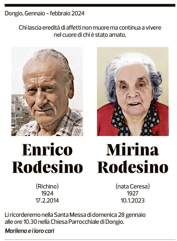 Annuncio funebre Enrico E Mirina Rodesino