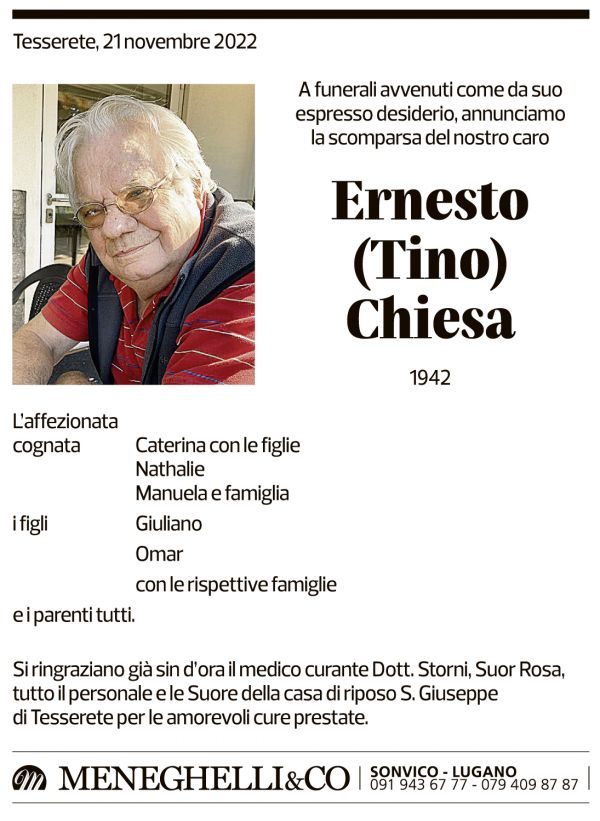 Annuncio funebre Ernesto Chiesa