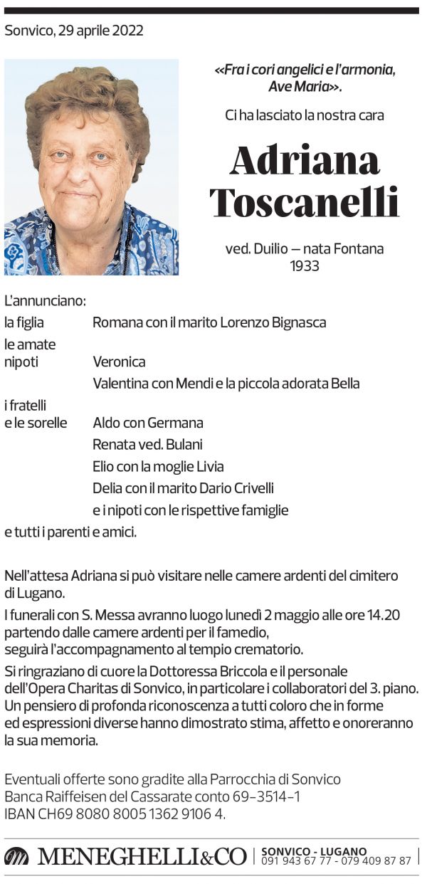 Annuncio funebre Adriana Toscanelli