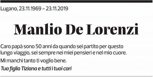Annuncio funebre Manlio De Lorenzi
