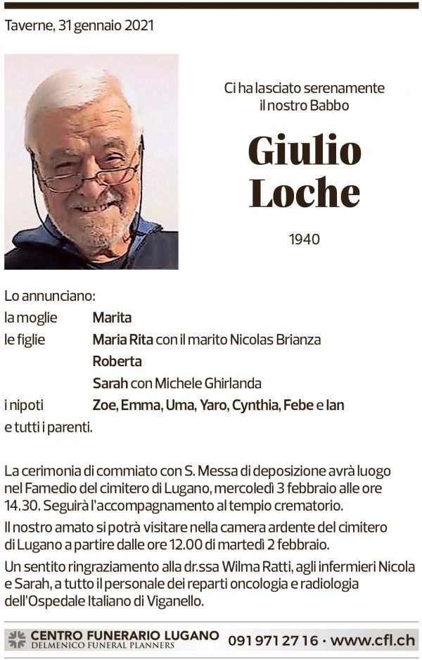 Annuncio funebre Giulio Loche