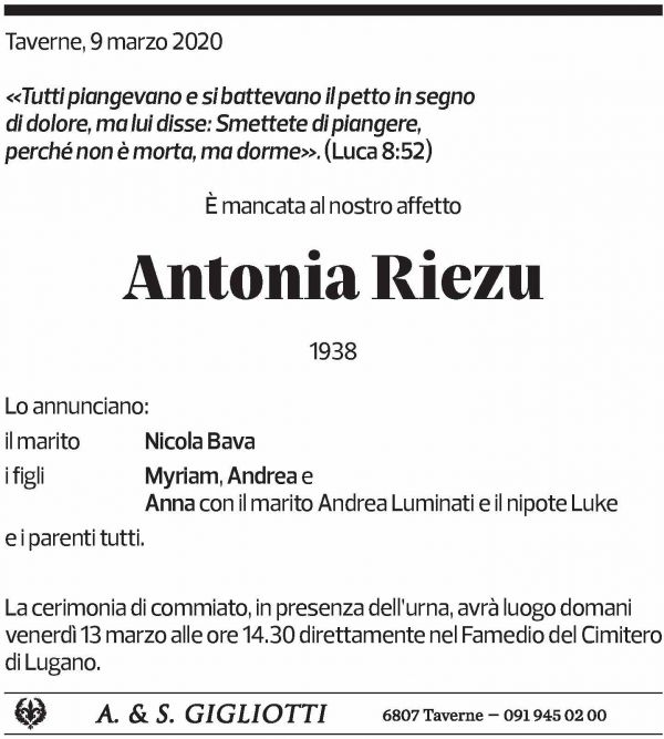 Annuncio funebre Antonia Riezu