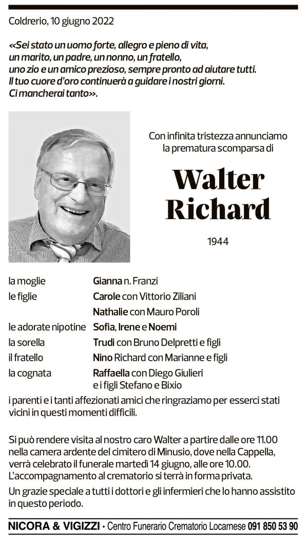 Annuncio funebre Walter Richard