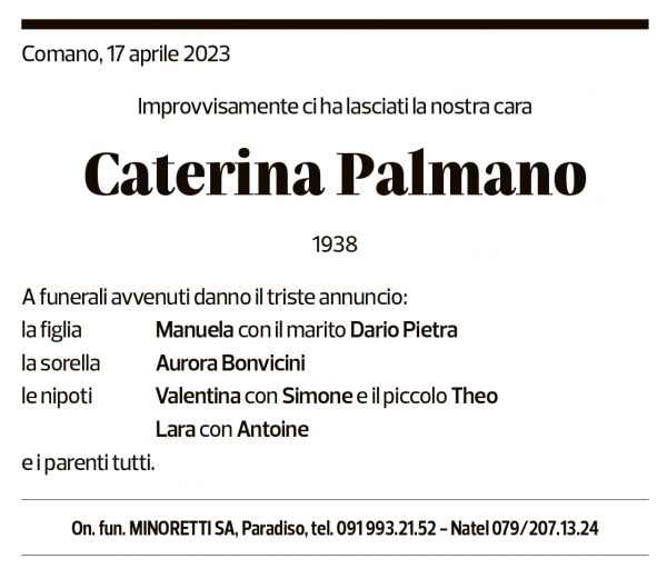 Annuncio funebre Caterina Palmano