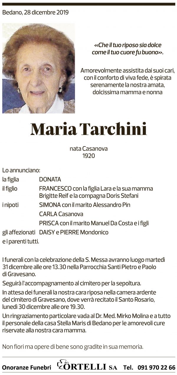 Annuncio funebre Maria Tarchini