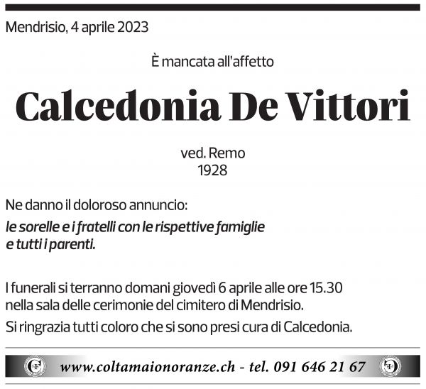 Annuncio funebre Calcedonia De Vittori