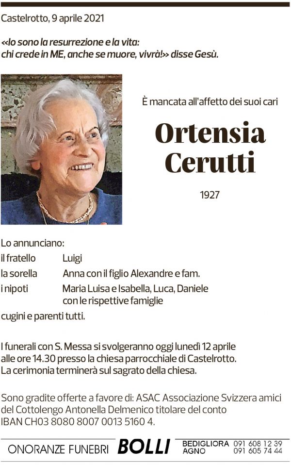 Annuncio funebre Ortensia Cerutti