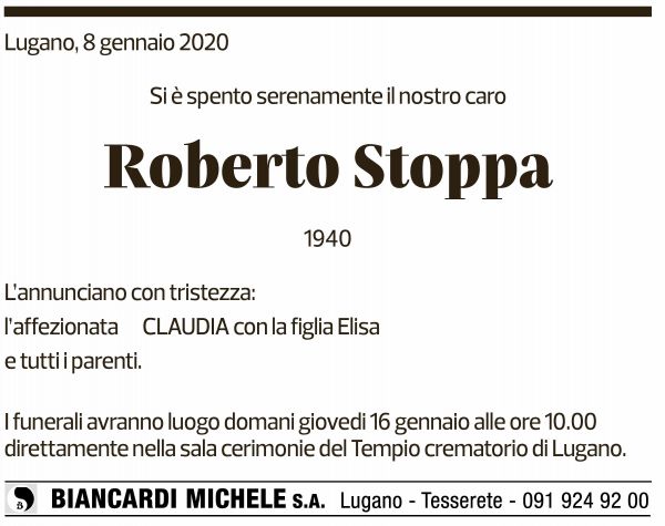 Annuncio funebre Roberto Stoppa