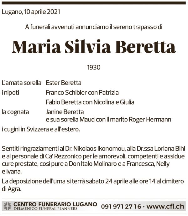 Annuncio funebre Maria Silvia Beretta