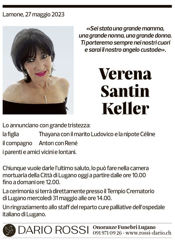 Annuncio funebre Verena Santin Keller