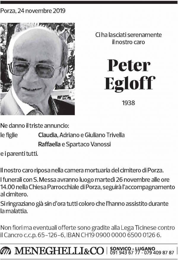 Annuncio funebre Peter Egloff