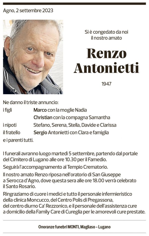 Annuncio funebre Renzo Antonietti